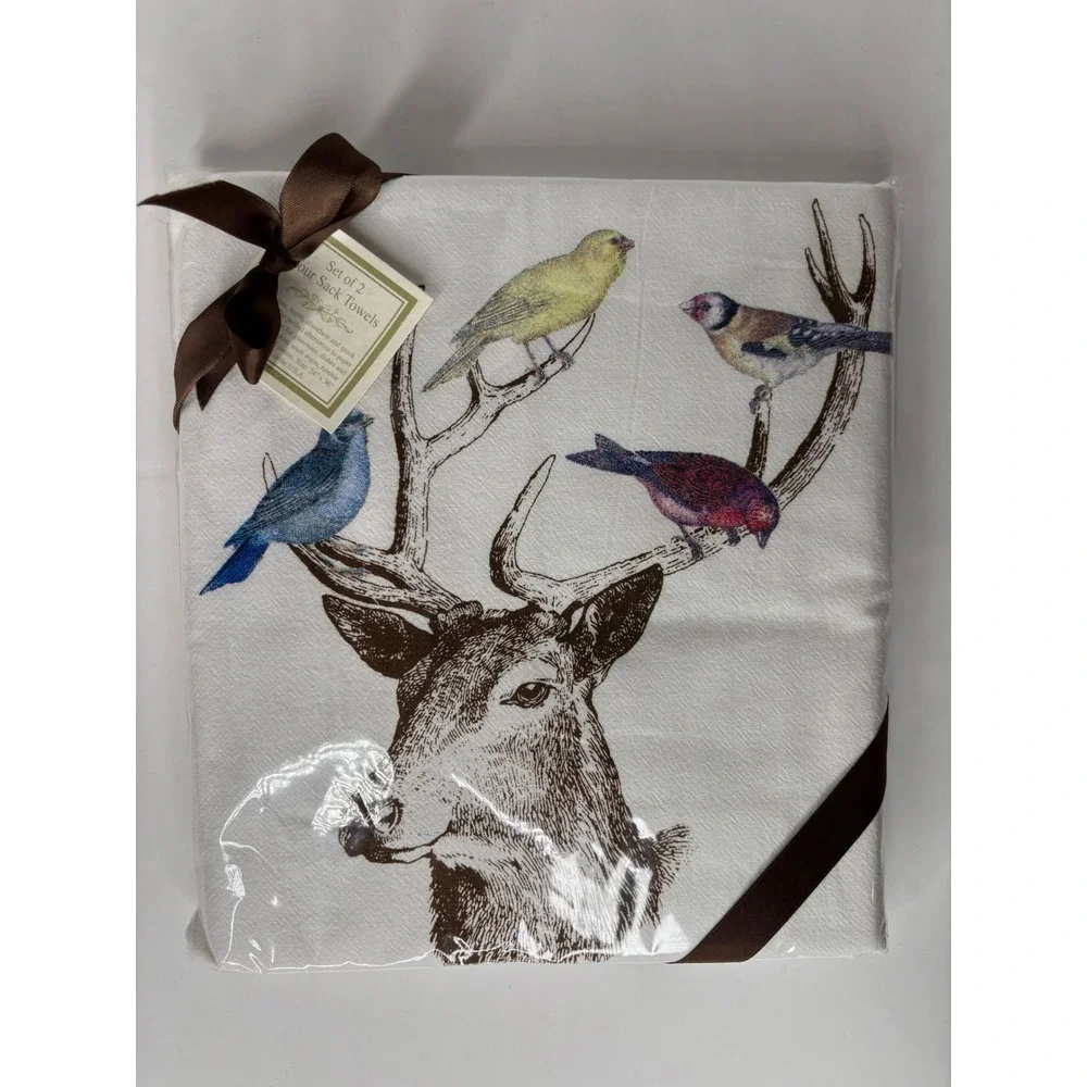 Alice's Cottage Flour Sack Towels Deer Birds Graphic Set of 2 Cotton NWT